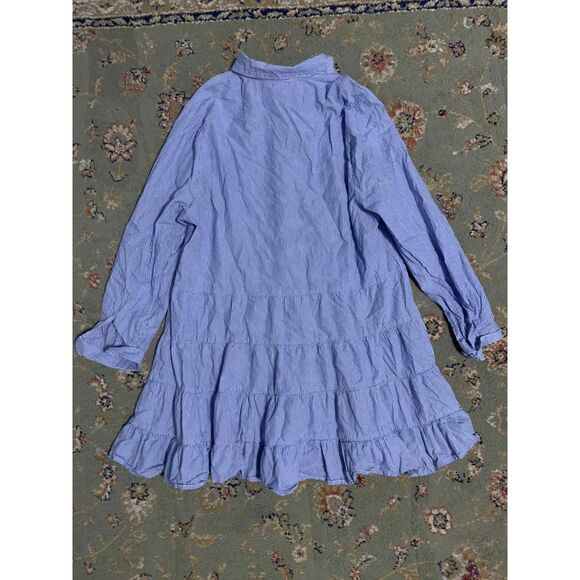 Sweet Magnolia Blue & White Long Sleeve Striped Tiered Mini Cotton Dress, L - Picture 3 of 4